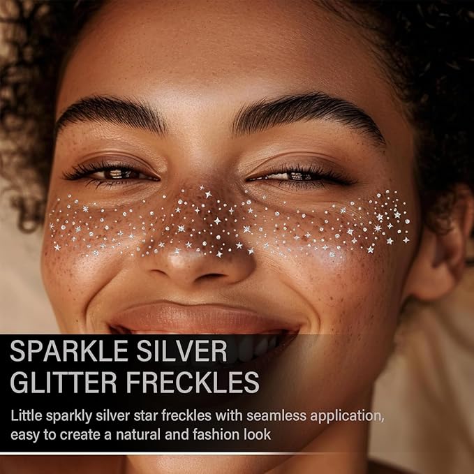 20 Pcs Silver Face Makeup Patches, Glitter Freckles Face Tattoo, Easy Application Sparkle Makeup Freckles, Waterproof Glitter Freckles Patches for Women (Silver)