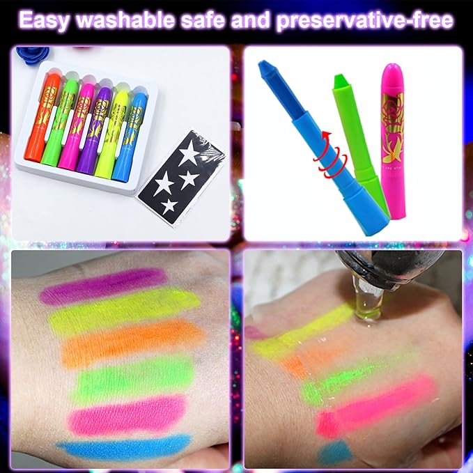 12 Color Glow in The Dark Face Paint Crayon Set,UV and Blacklight Makeup Neon Face and Body Painting for Kids Adults Mardi Gras Halloween BlackLight Birthday Masquerade Party Supplies (12 Multicolor)