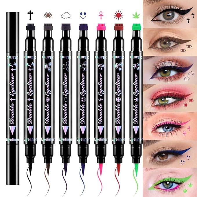 7Pcs Colored Liquid Eyeliners with Face Stamps – Black Brown Purple Blue Red Pink Green Star Flower Heart Moon Triangle Stamps for Cosplay & Gothic Makeup – Beginner-Friendly (multicolor-7Pcs-set02)