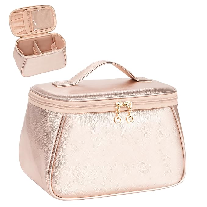 OCHEAL Large Makeup Bag, Makeup Bag Organizer Cosmetic Bags for Women Travel Travel Toiletry Bag Make Up Bag with Divider and Handle for Cosmetics Toiletries Brushes Tools Storage -Rose Gold