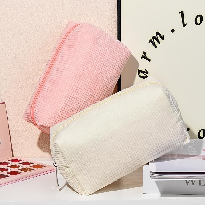 2 Pieces Makeup Bag Corduroy Cosmetic Bag White Pink Makeup Pouch Travel Toiletry Bag Organizer Cute Makeup Brushes Storage Bag for Women