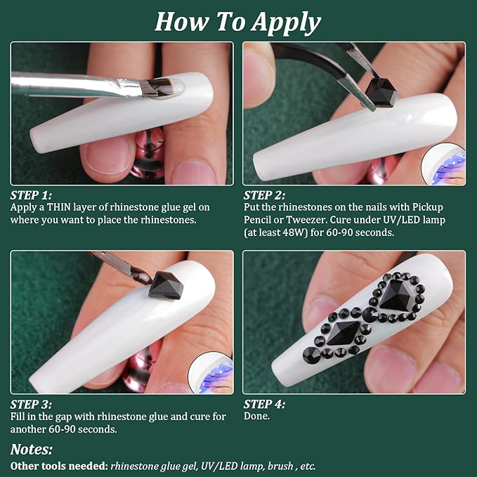 Multi Shapes Black 3D Glass Crystal Nail Art Rhinestones Kit with Flatback Round Bead Charm Gem Stone Jewelry Diamond with Pickup Pen + Tweezer for Manicure Makeup DIY Craft Decoration