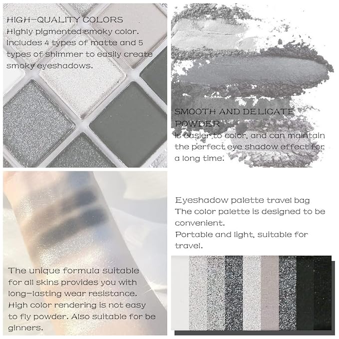 AMY'S DIARY Black Smokey Silver Glitter Shimmer Eye Eyeshadow Makeup Palette,9 Colors Cool Toned Matte Glitter Make Up Black Radiance Eyeshadow Palette Sombras De Ojos Profesional(A)