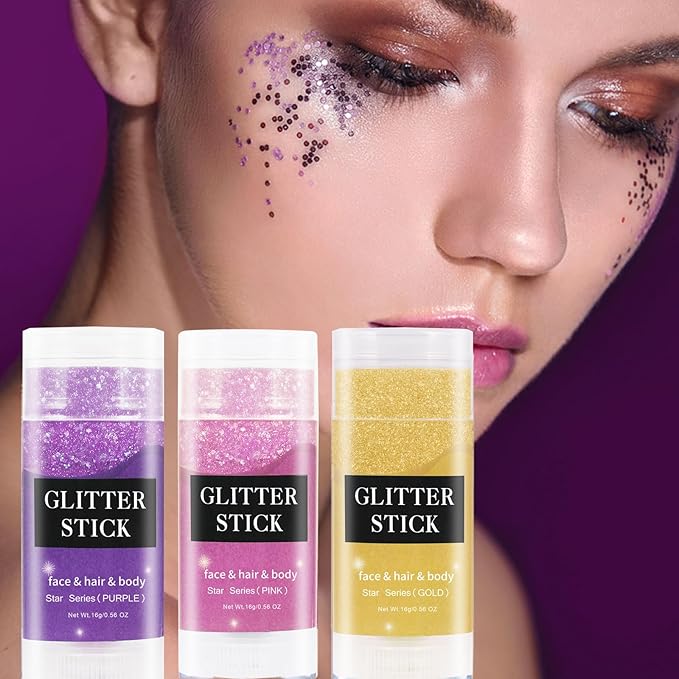 MEICOLY Purple Face Body Glitter Stick,Mardi Gras Outfit for Women,Mardi Gras Accessories,Waterproof Chunky Glitter Makeup for Face/Body/Hair/Eyes,Mermaid Glitter Face Paint,Body Glitter for Women