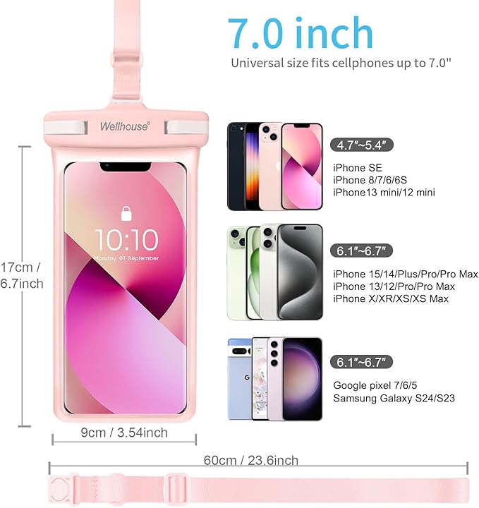wellhouse Waterproof Phone Pouch, Waterproof Phone Case for iPhone 16 15 14 13 12 Pro Max XS Samsung, IPX8 3D Cellphone Dry Bag Beach Essentials (2 Pack - Blue & Pink7.0, 7 inch)