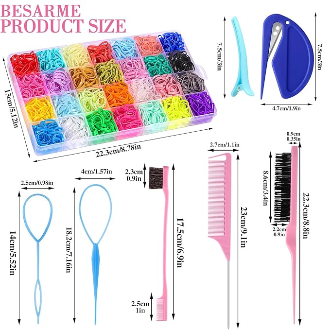 28 Colors Rubber Bands with 8 Hair Styling Tools, 1500 Pcs Colorful Elastic Ties Small Rubber Bands Baby Toddler Ties for Girls Hair Accessories Christmas Gifts