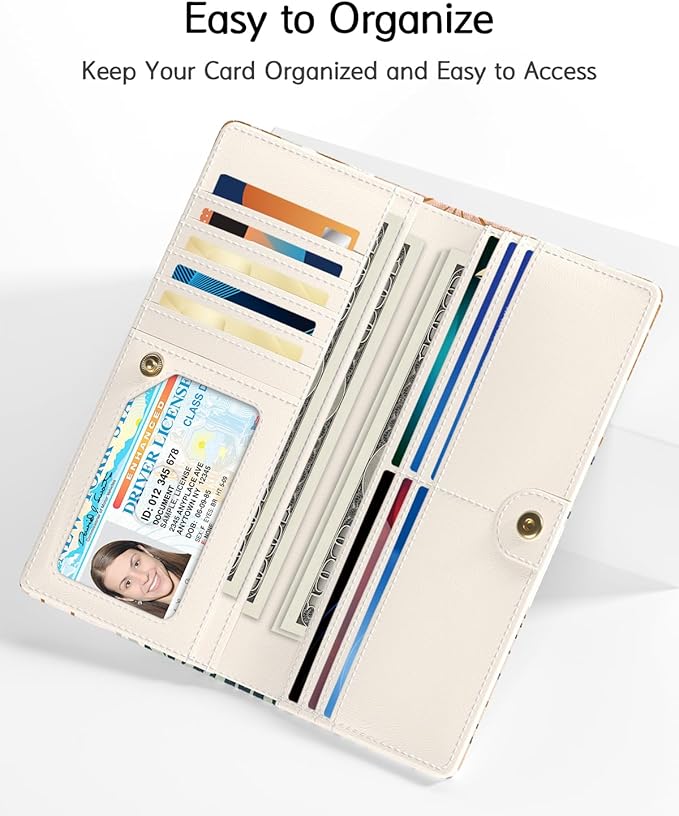 Nipichsha Womens Wallet, RFID Slim Wallets for Women, Thin Ladies Credit Card Holder Purse, Cute Leather Bifold Clutch Billfold with 11 Card Slots & ID Window, Boho Leaves