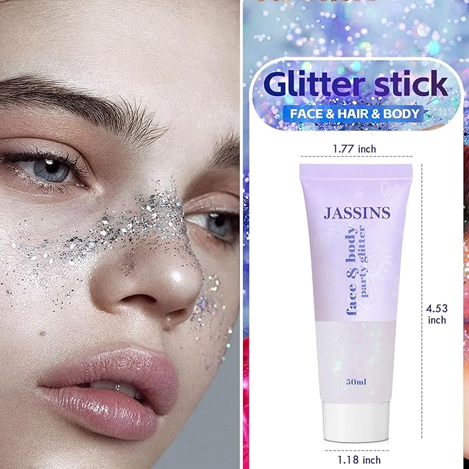 JASSINS 2 Pack Face Body Glitter, 100ml Pink and White Glitter Gel Makeup for Women Girls Kids, Singer Concerts Festival Rave Accessories, Chunky Mermaid Sequins Glitter