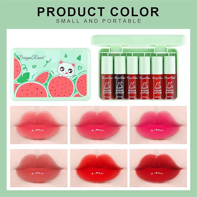 6 Colors Watermelon Lip Tint Stain Set, Korean Velvet Watery Lip Tint Moisturizing Mini Liquid Lip Gloss Lipstick, Multi-Use Lip and Cheek Tint, Long-Lasting, Vivid Color, Lightweight, High Pigment