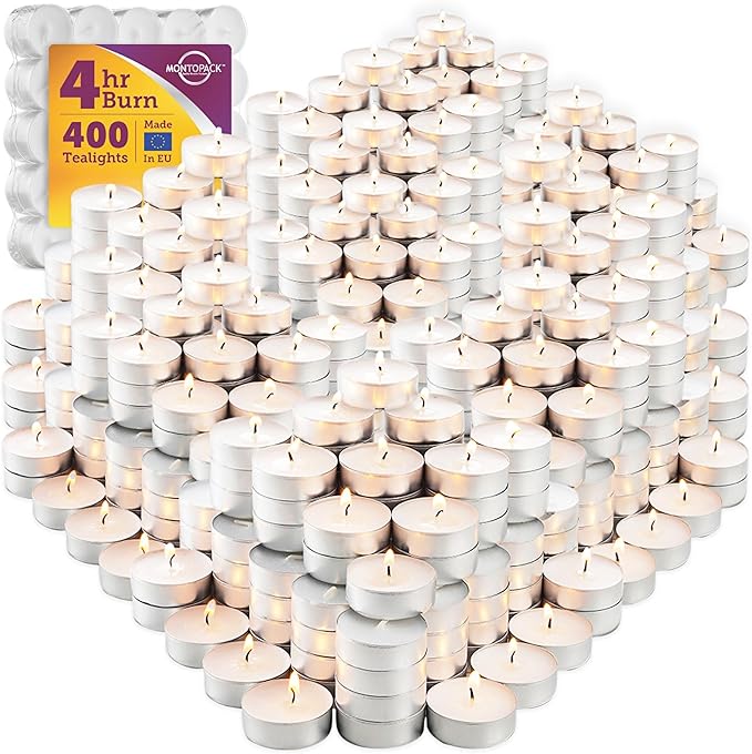 MontoPack Unscented Tea Light Candles 400 Pack | 4 Hours, White, Smokeless, Dripless Small Votive Paraffin Tealights | Long-Lasting for Home, Shabbat, Weddings, Events, Emergencies | Mini Candles Bulk