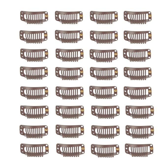 30 Pcs Hair Extension Clips, 9 Teeth Stainless Steel Snap Comb Wig Clips, Wig Accessories Clip with 30 Assorted Sewing Needles and 2 Rolls Thread (Dark Brown)