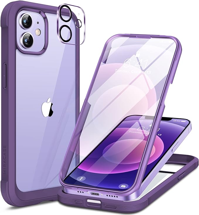 Miracase Glass Series for iPhone 12/12 Pro - Full-Body Rugged Protective Case with Built-in 9H Tempered Glass Screen Protector and Camera Lens Protector - Purple