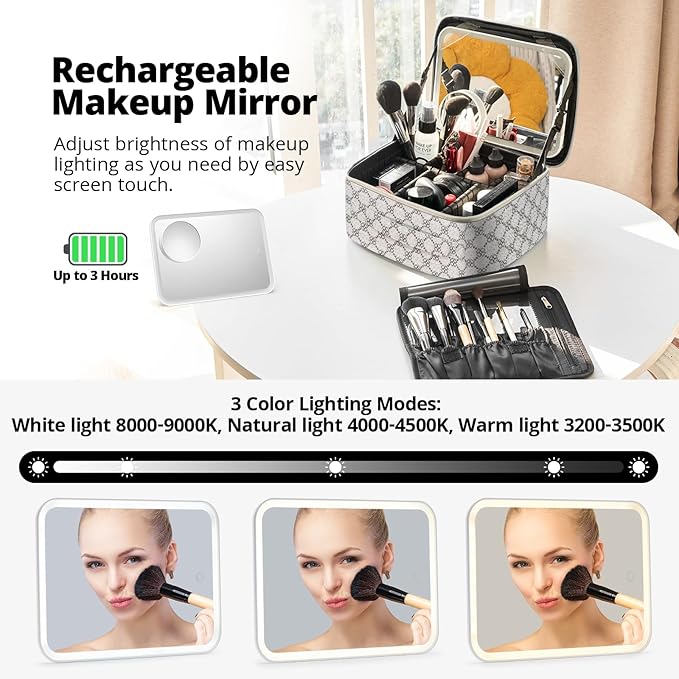 Omobolanle Makeup Bag with Mirror Led Light Detachable Portable Makeup Organizer Travel Train Case with Adjustable Dividers and 10x Magnifying Mirror Cosmetic Toiletry Bag White/Grey
