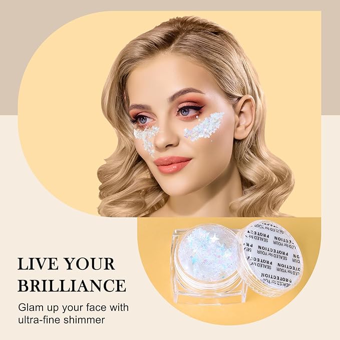 Glitter Body Face Hair Makeup Festival Gel, 6 Shapes Clear White Rave Glitter Face Pain Glitter Eyeshadow for Kids Women Girls Singer Concerts Festival Rave Accessories