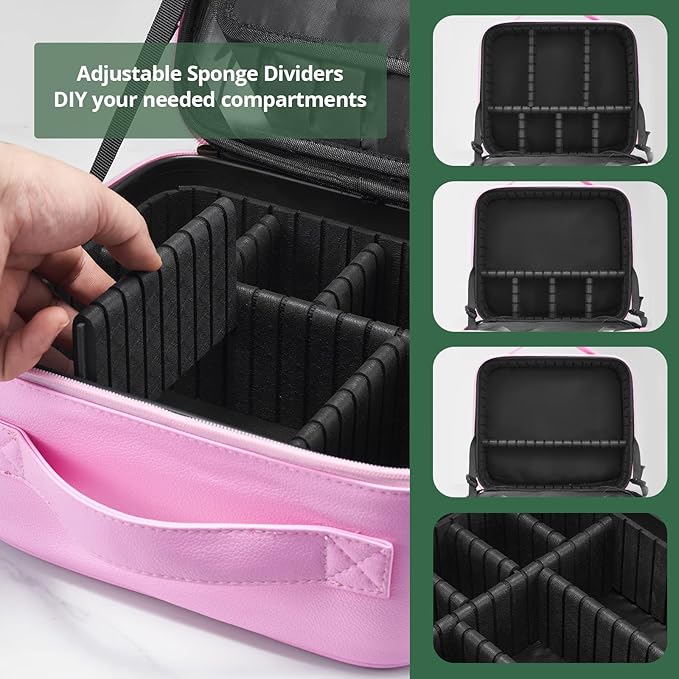 Omobolanle Makeup Bag with Mirror Led Light Detachable Portable Make up Travel Train Case with Adjustable Dividers and 10x Magnifying Mirror Pink