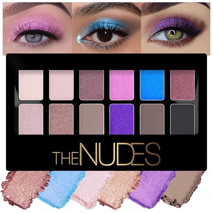 Twelve Eyeshadow Palette, Nude Brown Black Sky Blue Rose Pink Champagne Eyeshadow Palette Makeup,Highly Pigmented Pressed Powder Eyeshadow for Woman girls Eyes Long Lasting Naturing-Looking 02