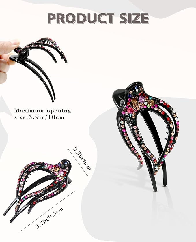 5PCS Rhinestone French Hair Clips for Women Thick Hair No Slip Curved Claw Clips Strong Hold Flat Hair Clip (Curved(Medium,3.74"))
