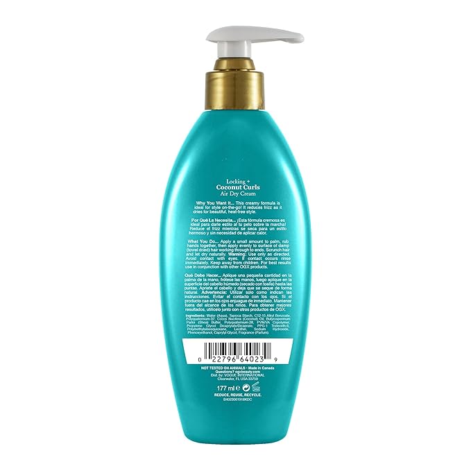 OGX Locking + Coconut Curls Air Dry Cream, No Parabens, 6 oz (Pack of 2)
