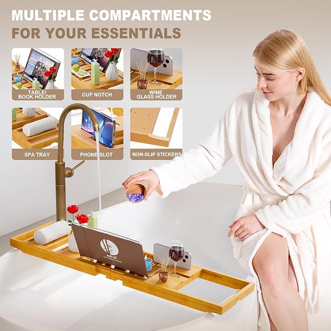 Yirilan Bathtub Tray Caddy, Expandable Wooden Bathroom, Luxury Bamboo Bathtub Tray, Bath Tub Table Caddy, Bamboo