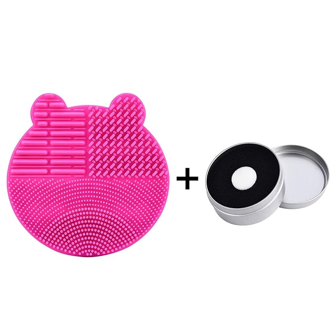 Silicon Makeup Brush Cleaner Mat with Brush Drying manual Make up brush cleaner cleanser machine Cosmetic Brush Cleaning Pad+Makeup Brush Dry Cleaned Quick Color Removal Sponge Scrubber Tool(Rose Red)