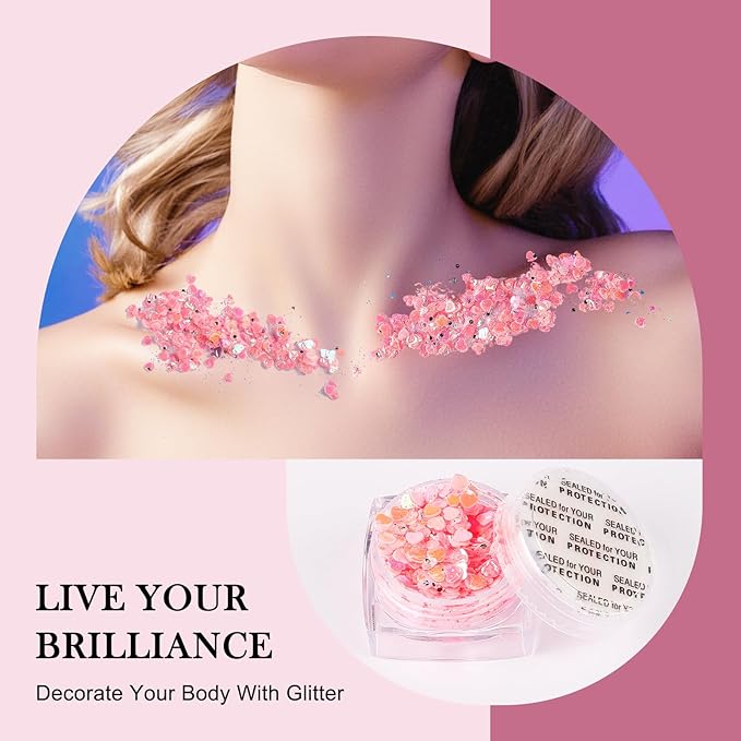 Glitter Body Face Hair Makeup Festival Gel, 6 Shapes Clear Pink Rave Glitter Face Pain Glitter Eyeshadow for Kids Women Girls Singer Concerts Festival Rave Accessories