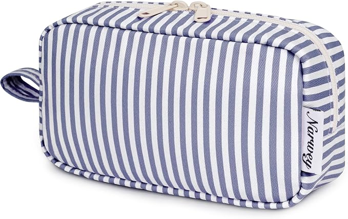 Narwey Small Makeup Bag for Purse Travel Makeup Pouch Mini Cosmetic Bag Zipper Pouch for Women (Greyish Blue Stripe, Small)
