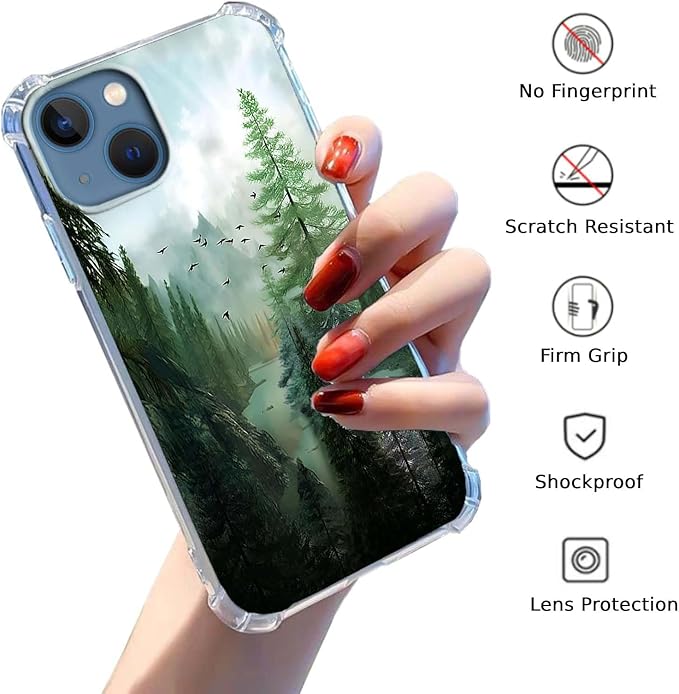 Case for iPhone 13 with Forest Design,Mountain and Birds Beautiful Scenery Nature Pattern,Soft TPU Bumper Phone Cover(13,Wood)
