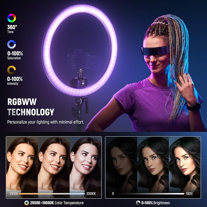 NEEWER SRP18C 18 Inch RGB LED Ring Light Kit with Reversible Tripod Light Stand App Control Phone Holder Compatible with iPhone, Ultra Slim Ringlight for Makeup Video Recording Selfie Studio Streaming