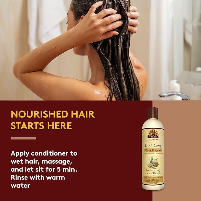 OKAY | African Black Soap Conditioner | For All Hair Types & Textures | Hydrate & Moisturize | With Shea, Olive, Coconut, Aloe Vera and Cocoa | Free of Parabens, Silicones, Sulfates | 12 oz
