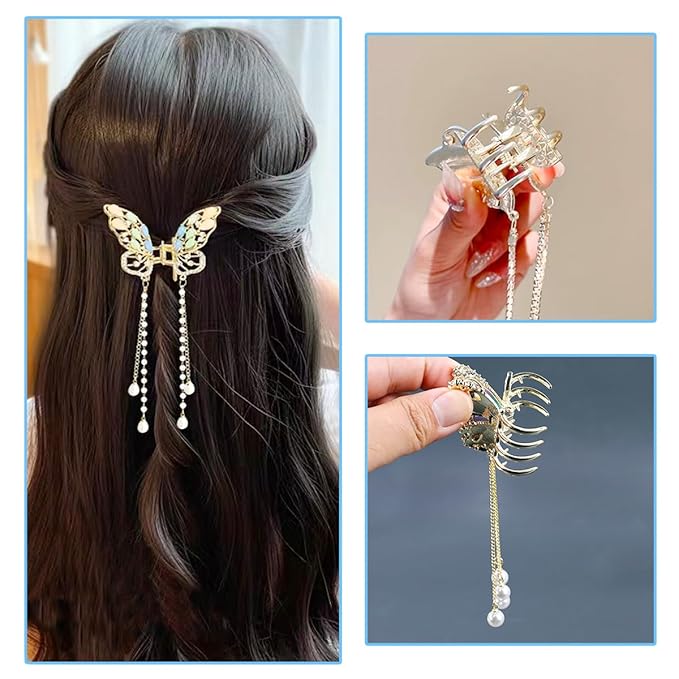 3 Pieces Butterfly Hair Claw Clip With Tassel and Rhinestone - Metal Non-Slip Hair Clamps - Exquisite Styling Accessories for Women and Girls
