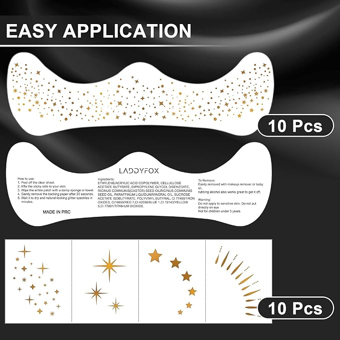 20 Pcs Gold Face Makeup Patches, Glitter Freckles Face Tattoo, Glitter Freckles, Sparkle Makeup Patches, Waterproof Face Glitter Freckles Patches for Women (Gold)