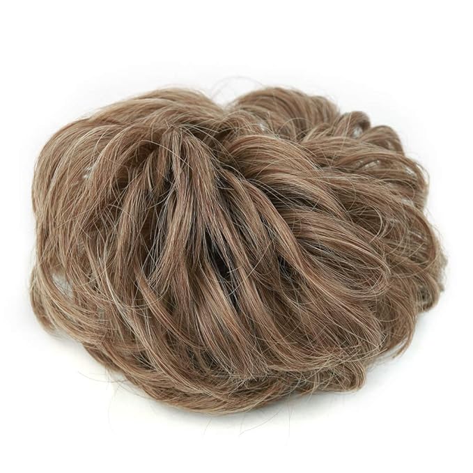 MORICA 1PCS Messy Hair Bun Hair Scrunchies Extension Curly Wavy Messy Bun Hair Synthetic Chignon Hairpieces for Women(12/24#(Light Golden Brown & Pale Golden Blonde Mixed))