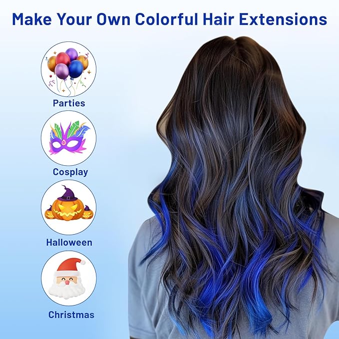 16 Pcs Colored Hair Extensions Curly Wavy Clip in Synthetic Hairpiece Streak for Girls Women Kid, Multi-colors Party Highlights Cosplay Festival Gift(Blue)