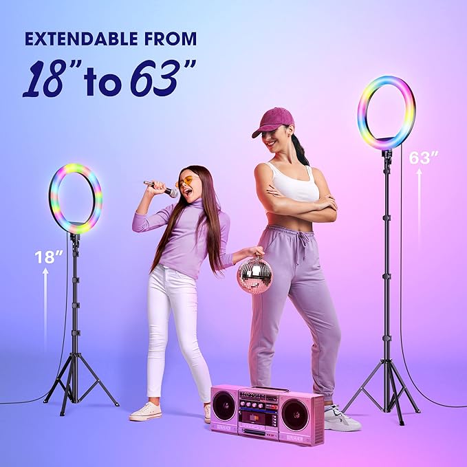 TODI 12" RGB Ring Light with 63" Tripod Stand, 3 CCT Mode and 39 Color Mode Selfie RingLight with Stand, 2-in-1 LED Ring Light with Selfie Remote, for Makeup, Live Stream