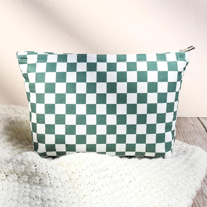 2 Pcs Checkered Makeup Bag Large Cosmetic Bag Toiletry Bag Makeup Pouch Travel Bag Organizer Cute Makeup Brushes Aesthetic Accessories Storage Bag for Women Olive Green