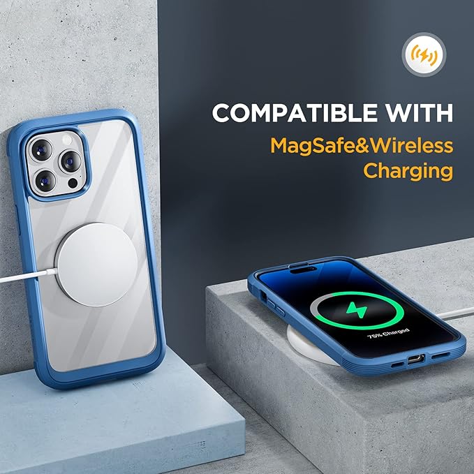 Miracase Glass Series for iPhone 14 Pro Case 6.1 Inch, Full-Body Clear Bumper Case with Built-in 9H Tempered Glass Screen Protector, with Camera Lens Protector, Capri Blue