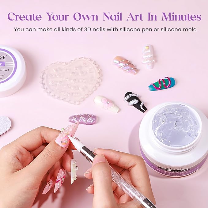 MIZHSE Solid Builder Gel for Nails, 60g Large Capacity Clear Hard Gel for Nails 3D Sculpting Gels Non-Sticky Hand Carving U V/LED Extension Gels with 3D Mold Nail Art Salon Home DIY
