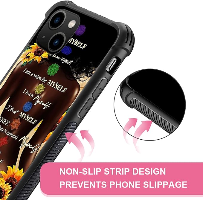 iPhone 13 Pro Max Case, Sunflower Back View Black Girl Cases, Tempered Glass Back+Soft Silicone TPU Shock Protective Case for Apple Max(6.7 inch)