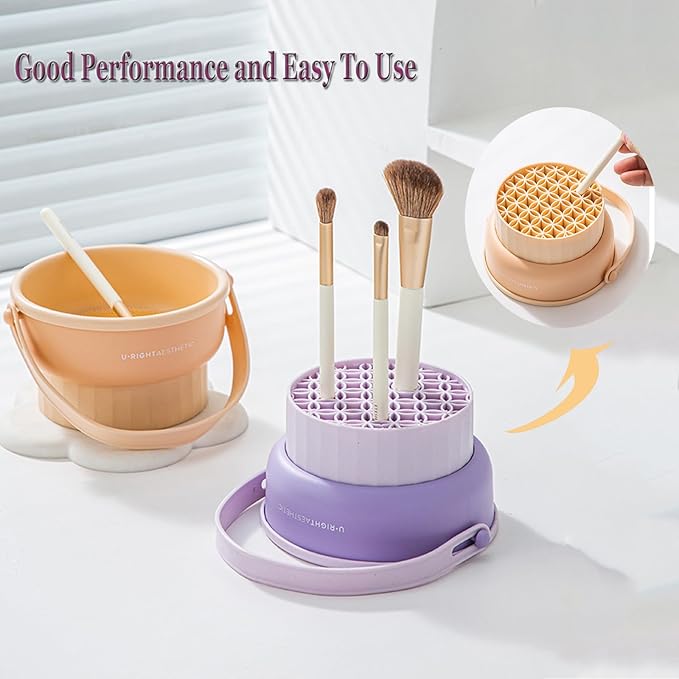 3 in 1 Brush Cleaning Mat with Brush Drying Holder, Silicone Makeup Brush Cleaner Mat Make Up Brush Cleaning Bowl Cosmetic Brush Washing Tool for Makeup Brush, Sponge, Powder Puff (Purple)