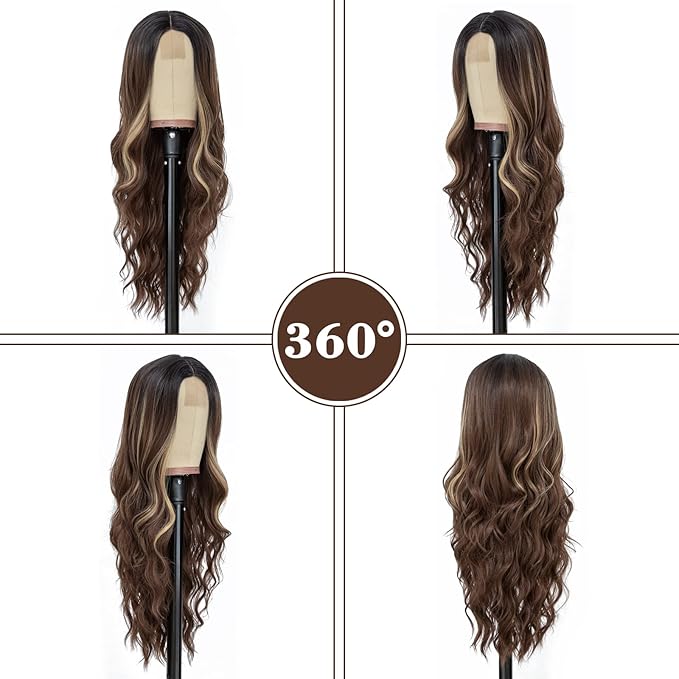 NAYOO Long Brown Mixed Blonde Wavy Wig for Women 26 Inch Middle Part Curly Wavy Wig Natural Looking Synthetic Heat Resistant Fiber for Daily Party Use (Brown Mixed Blonde)