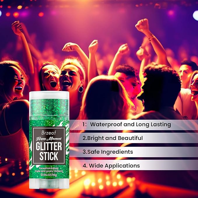 Brzeaf Waterproof Green Body Glitter Stick, Chunky Glitter for Face/Body/Hair/Eyes/Lip, Singer Concert Music Rave Festival, Glitter Stick Makeup & Face Glitter Gel for Women Men 0.56 OZ