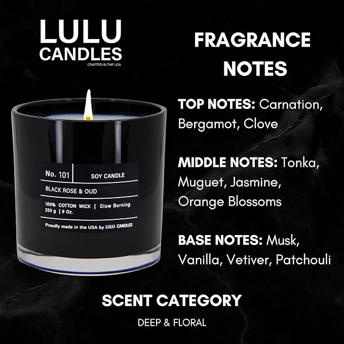Lulu Candles | Black Rose & Oud | Smells Floral and Smokey | Luxury Scented Soy Jar Candle | Hand Poured in The USA | Highly Scented Long Lasting (9 Oz.)