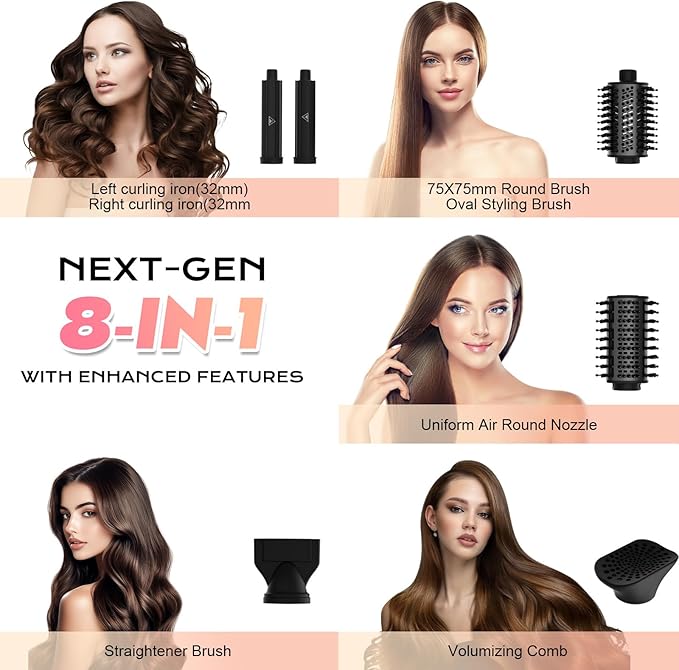 8-in-1 Hot Air Styler&Hair Dryer Brush, Powerful Multi-Styler with Auto-Wrap Curler with Storage Case, Fast Drying Curling Straightening Volumizing Without Heat Damage