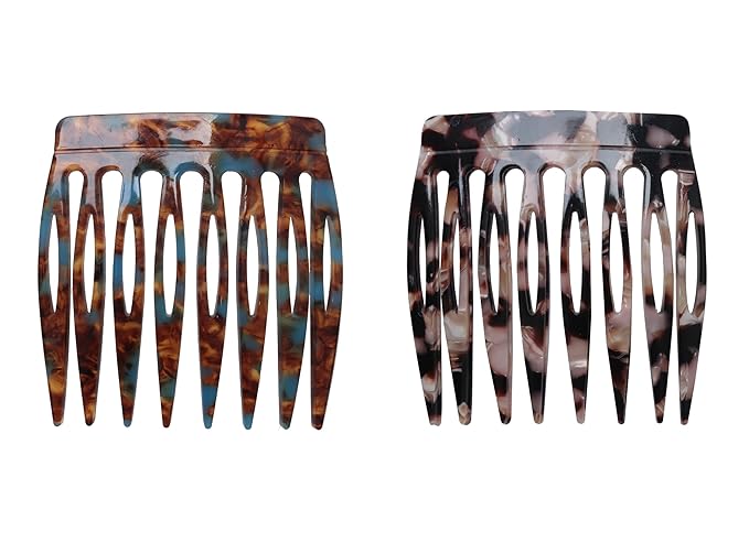 2 Pcs Women Hair Side Comb French Vintage 2.3 x 2.4 Inch Hair Decoration Curved Hair Combs for Bun Twist Hair Styling Accessories (Black and Brown)