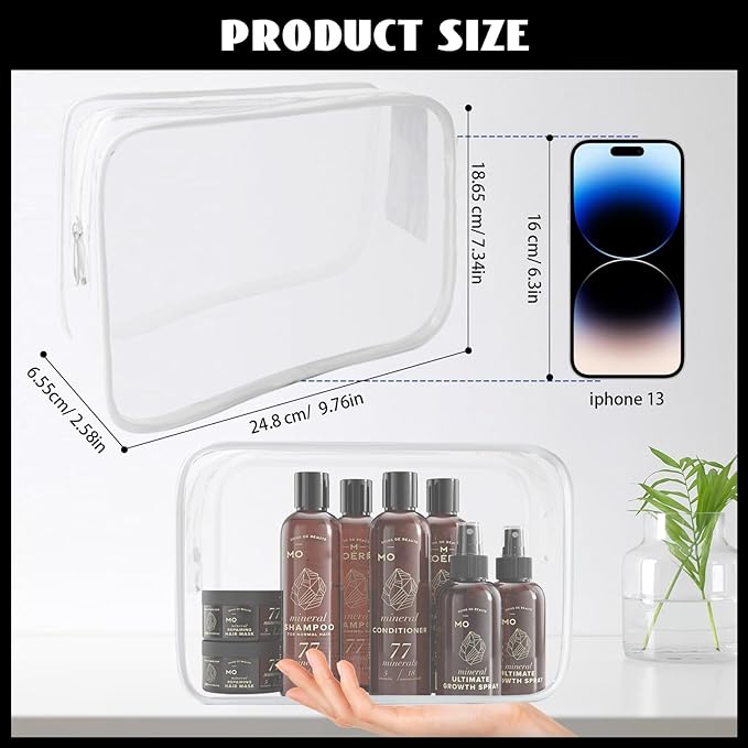 16 Pieces Clear Cosmetic Bags, Transparent Makeup Bags for Travel, TSA Approved Toiletry Bag Waterproof Pouch with Zipper Vinyl Plastic Organizer Carry-on Travel Essentials (White-L)