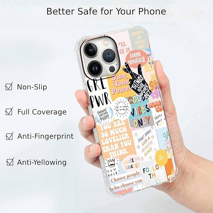 Case for iPhone 15 Pro Max with Beige Design,Cute Inspirational Positive Quotes Collage Pattern,Trendy Soft TPU Bumper Phone Cover(15pm,Yellow)