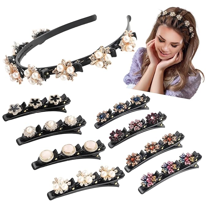 9PCS Rhinestone Braided Hair Clips, Sparkling Crystal Pearls Hair Barrettes, Pearl Headband with Clips, for Women and Girls Hair Styling Accessories