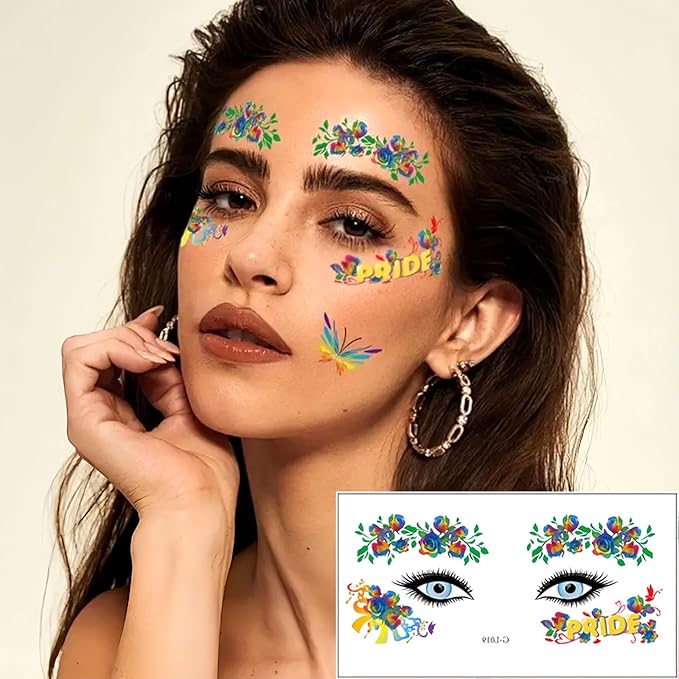 10 Sheets Pride Day Face Fake Tattoos Rainbow Temporary Tattoos Adult Rainbow Heart Butterfly Flower Feather Swan Colorful Tattoo Kit Gay LGBTQ Pride Day Parade Party Eye Makeup Face Decor Supplies