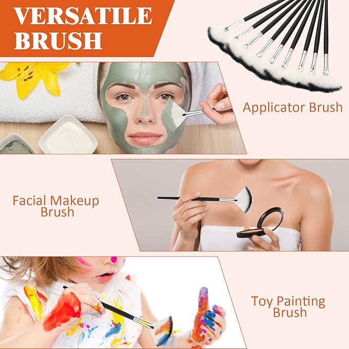 9 Pieces Facial Fan Mask Brushes, Soft Facial Applicator Brushes Tools for Peel Glycolic Makeup for Mud Cream(Black and Silver)