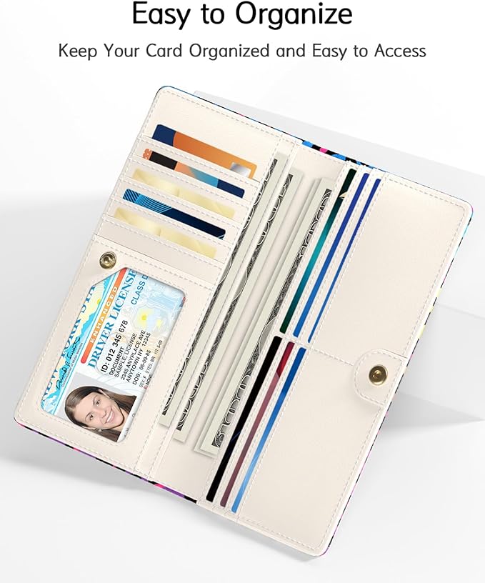 Nipichsha Womens Wallet, RFID Slim Wallets for Women, Thin Ladies Credit Card Holder Purse, Cute Leather Bifold Clutch Billfold with 11 Card Slots & ID Window, Colorful Leopard Print